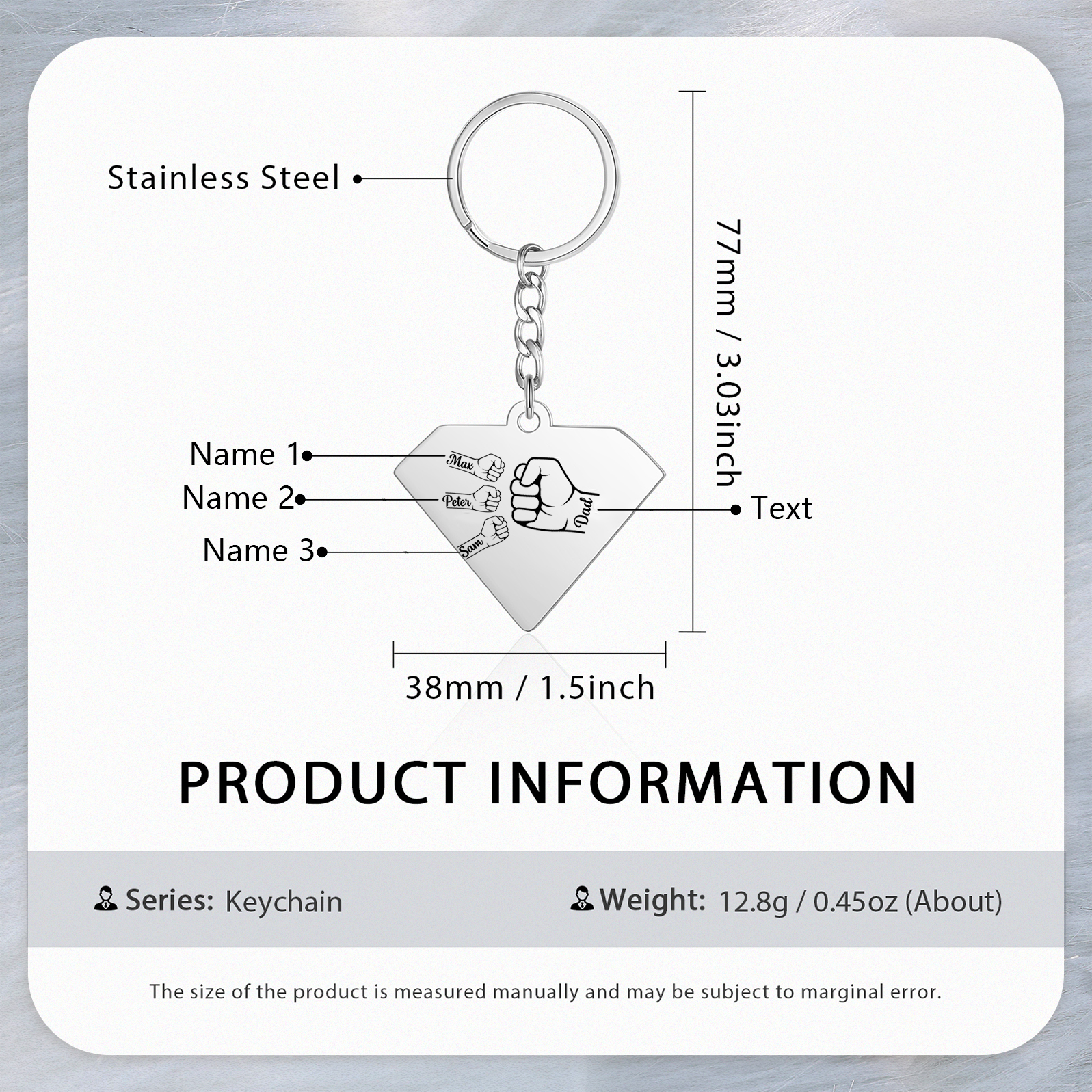 Personalised 3 Names & 1 Text Fist Bump Keychain Engraved Kids Names Keychain Gifts for Grandpa/Dad-Jessemade AU