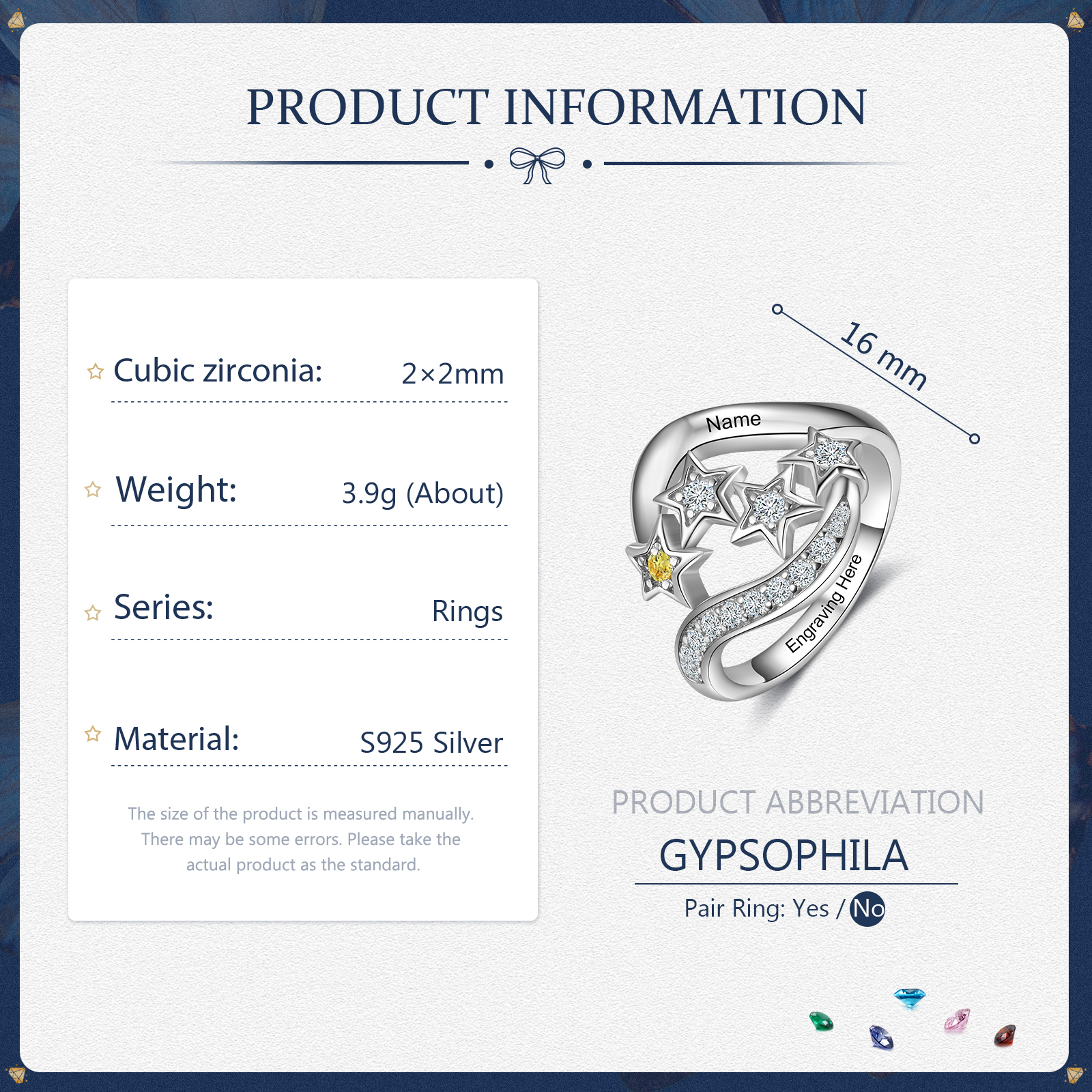 Personalised Star Ring With 1 Birthstone Engraved Names Ring Gift For Women-Jessemade AU