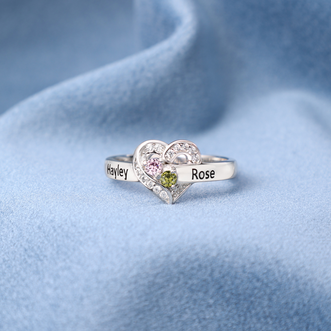 S925 Silver Personalised Mother Ring with 3 Birthstones Heart Family Ring-Jessemade AU