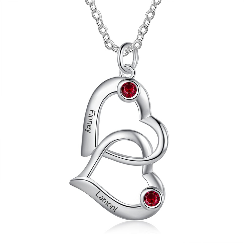 Personalised Heart Necklace With 2 Birthstones Engraved 2 Names Mother Necklace Gifts for Her-Jessemade AU