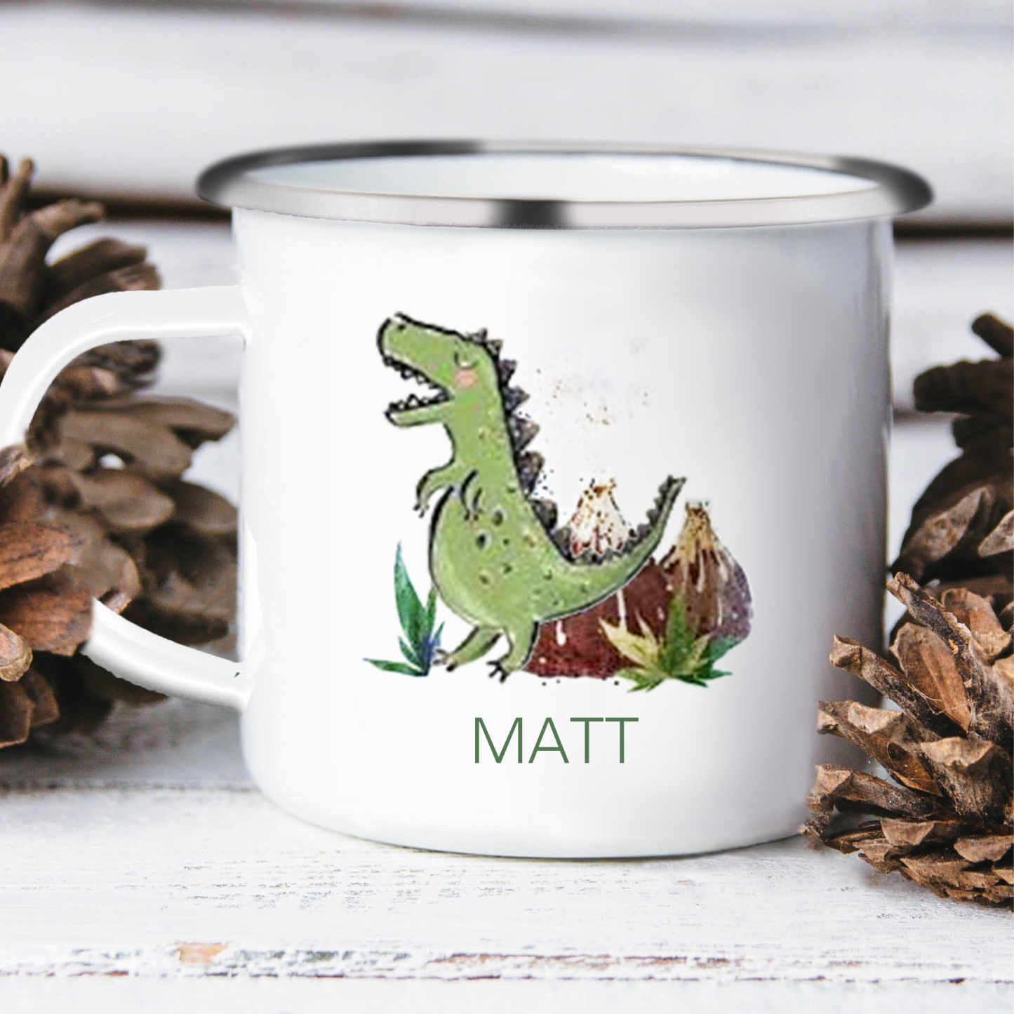 Personalised Enamel Mug Customised Name Dinosaur Cup Camping Mug Birthday Gift for Kids - Tyrannosaurus Rex-Jessemade AU