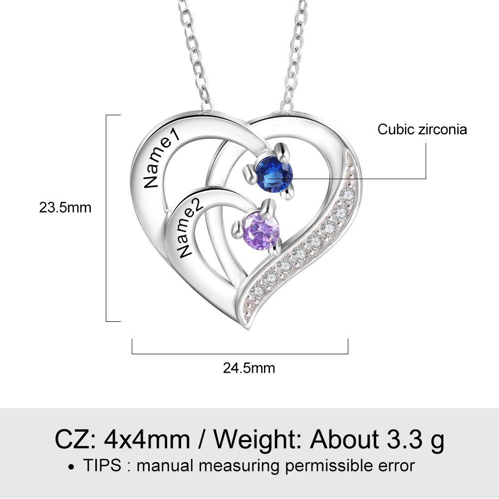 Personalised Mother Necklace Engraved 2 Names 2 Birthstone Intertwined Heart Pendant