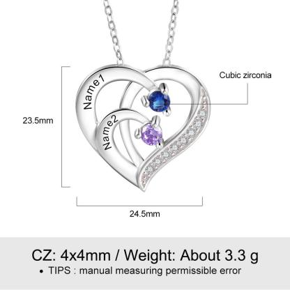 Personalised Mother Necklace Engraved 2 Names 2 Birthstone Intertwined Heart Pendant