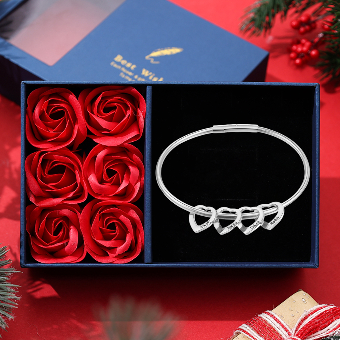 Personalised Love Bangle Bracelet with 4 Heart Charms Engraved 4 Names Bracelet for Her-Jessemade AU