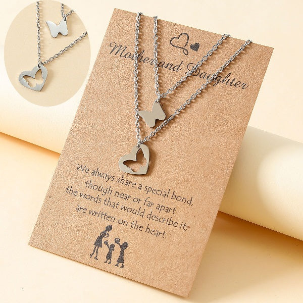 Mother-Daughter Heart Butterfly Pendant Necklace Set Adjustable Necklace with Gift Card for Her-Jessemade AU