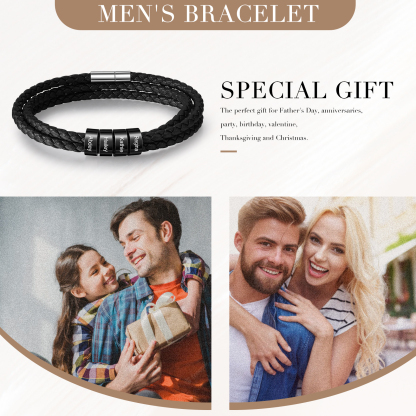 Personalised Men's Leather Bracelet Custom 4 Names Braided Bracelet with Beads Multi-Layered Bracelet Gift for Dad