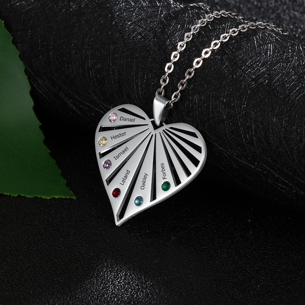 Personalised Heart Necklace With 6 Birthstones Engraved Names Gift For Her-Jessemade AU