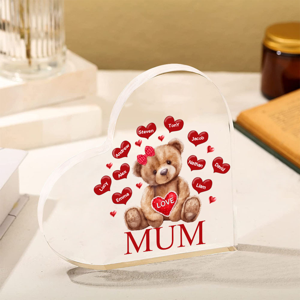 10 Names - Personalised Acrylic Heart Keepsake Custom 2 Texts Teddy Bear Ornaments Gifts for Grandma/Mother-Jessemade AU
