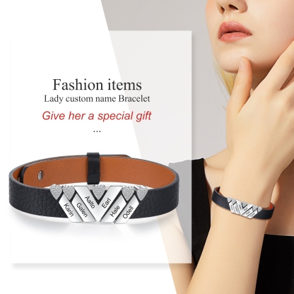 Personalised Leather Bracelet with Beads Engraved 6 Names Bangle for Him-Jessemade AU