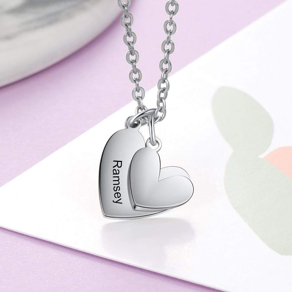 Two Heart Pendant Necklace Engraved Name with Heart Charms Gifts for Her-Jessemade AU