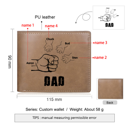 4 Names - Personalised Men Leather Wallet Engraved Names Brown Wallet Fist Bump Folding Wallet Gift For Dad-Jessemade AU