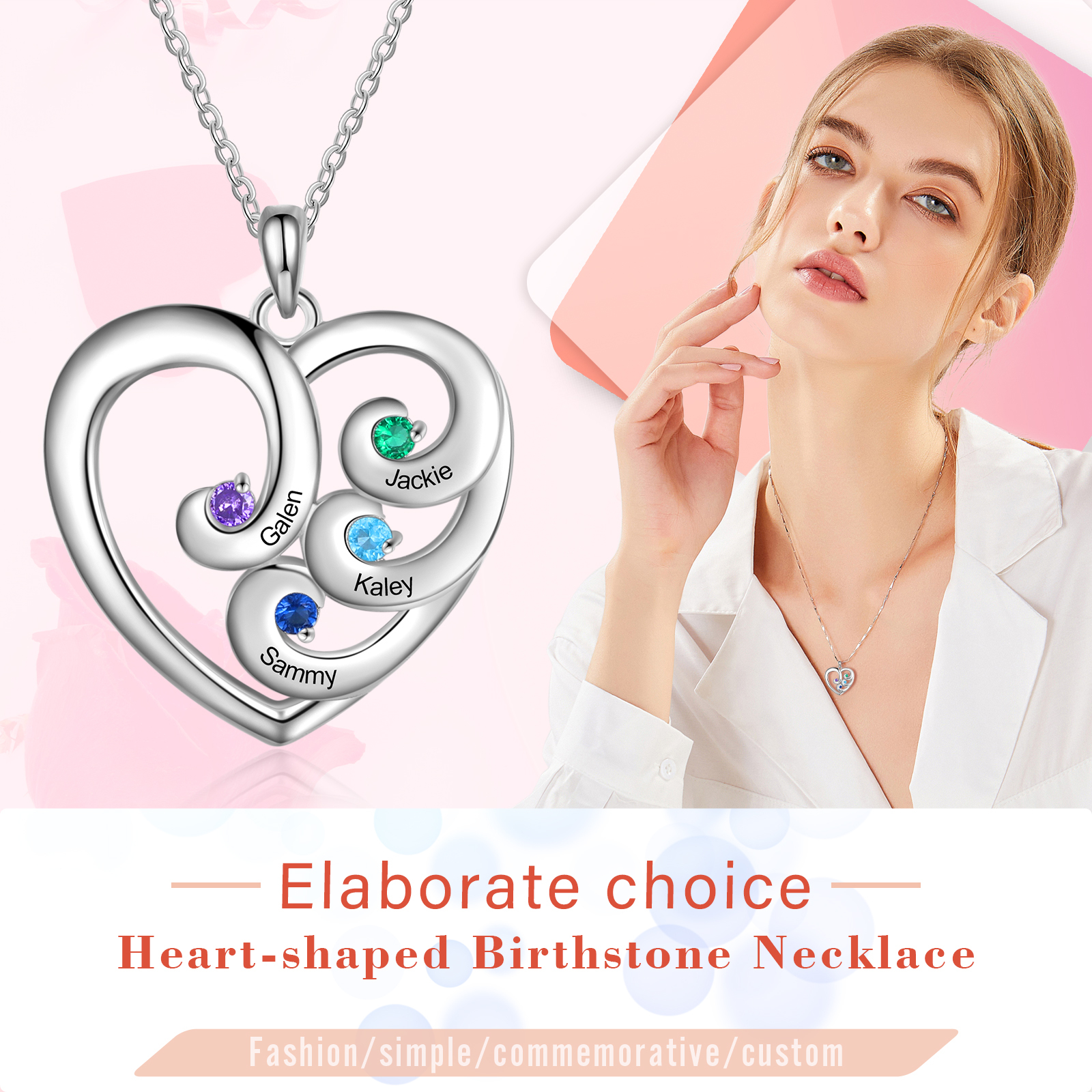 Personalised Heart Necklace With 4 birthstones Engraved Names Gift For Women-Jessemade AU
