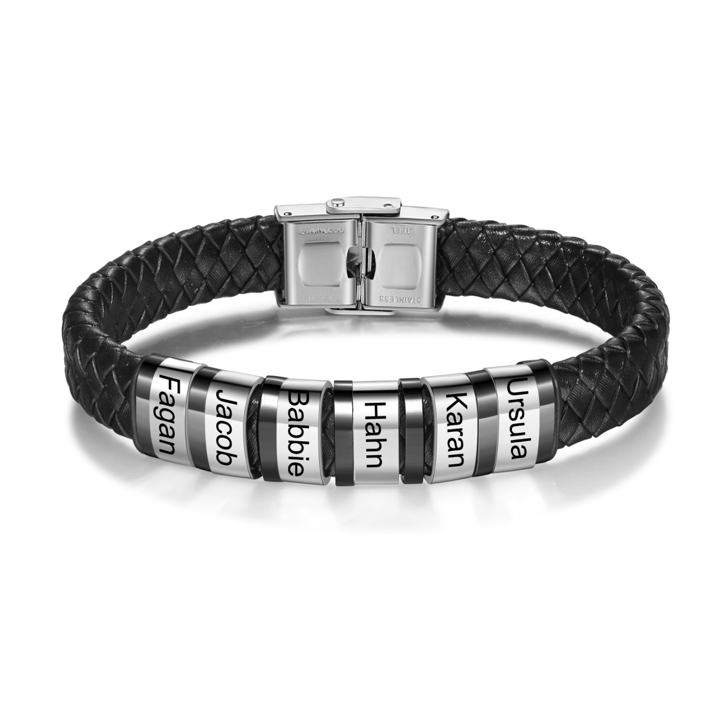 Men Leather Braided Bracelet Personalised with 6 Names Black-Jessemade AU