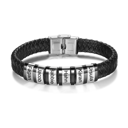 Men Leather Braided Bracelet Personalised with 6 Names Black-Jessemade AU