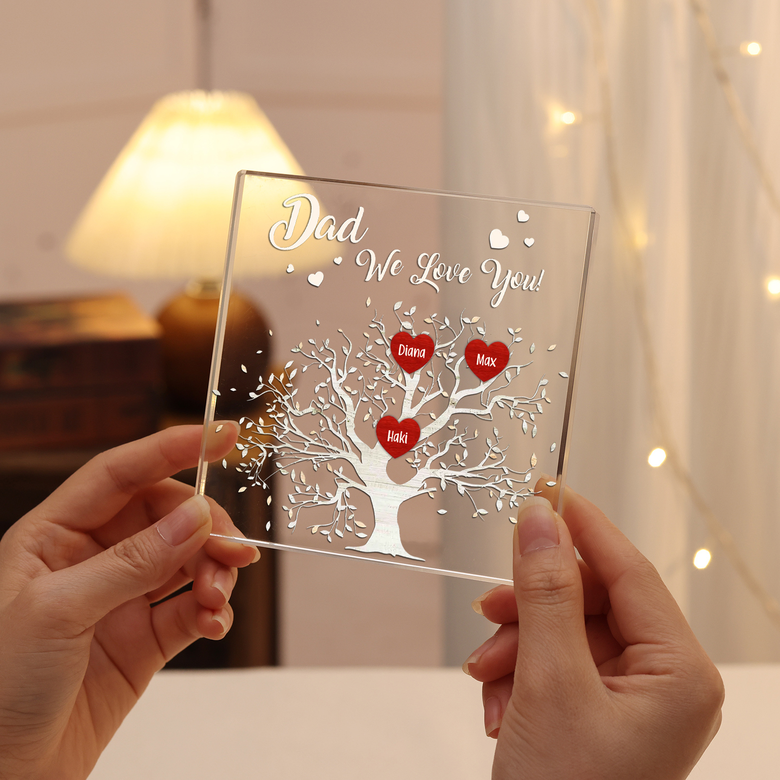 Personalised 3 Names & 1 Text Acrylic Square Keepsake Family Tree Rectangle Plaque Father's Day Gifts for Dad/Mom-Jessemade AU