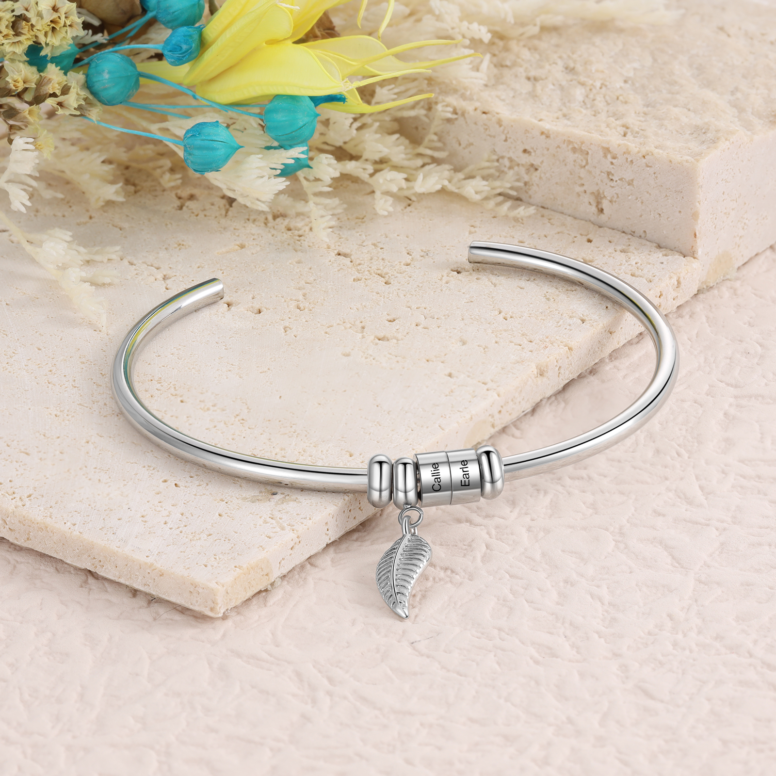 Women Bangle Bracelet with Leaf and Beads Engraved 2 Names Rose Gifts for Mother-Jessemade AU