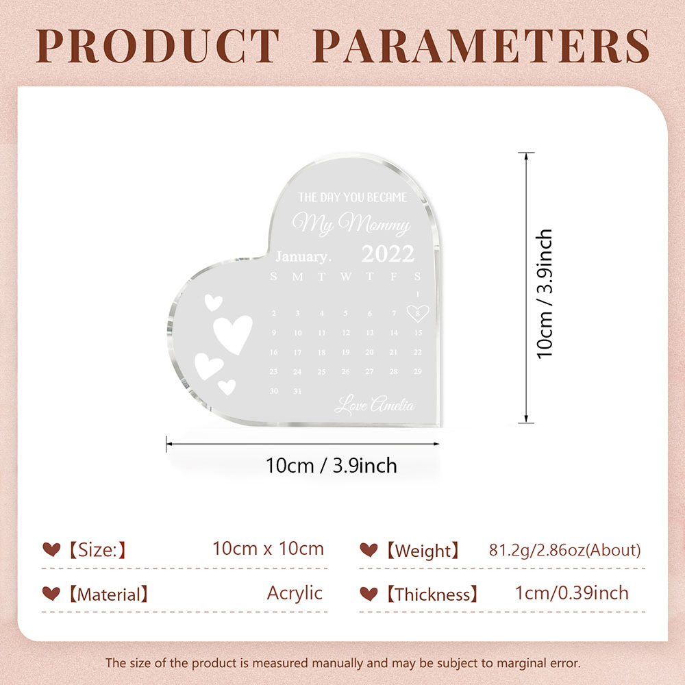 Personalised Acrylic Heart Keepsake Custom Date & Text Calendar Ornaments Gifts for Her - The Day You Became My Mommy/Mummy-Jessemade AU