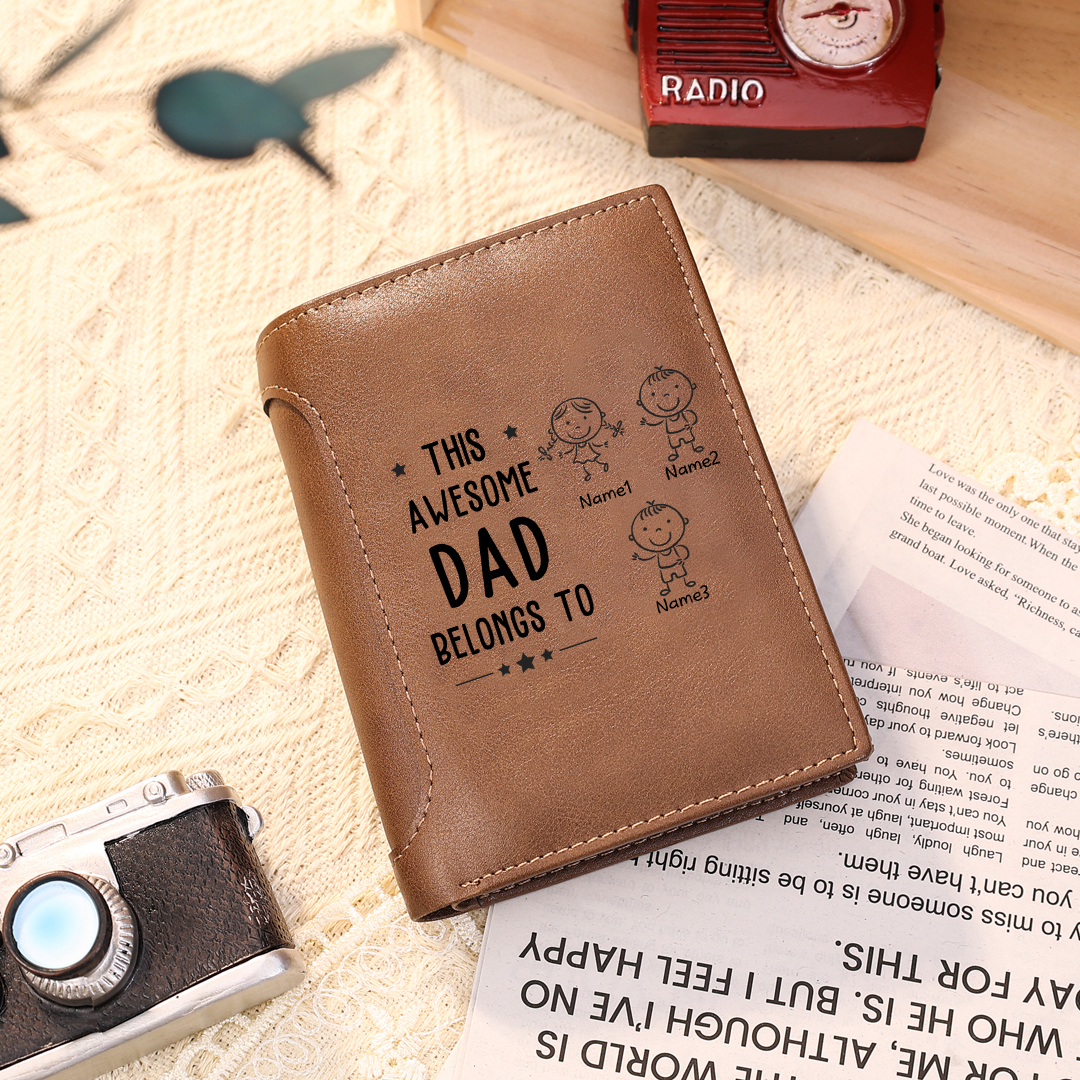 Personalised 1 Photo & 3 Names Wallet Custom Men's Leather Wallet "This Awesome Dad Belongs To" Father's Day Gifts-Jessemade AU