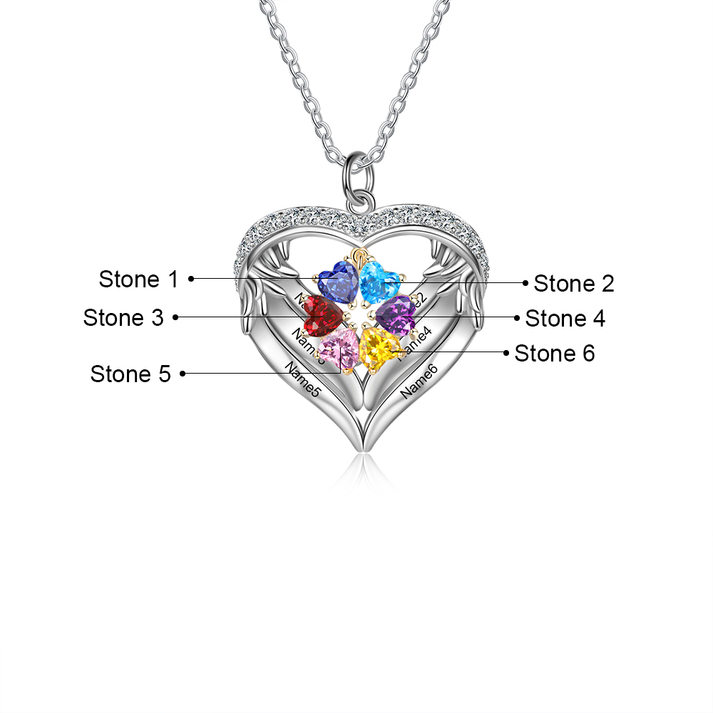 Personalised Wings Necklace With 6 Heart Birthstones Engraved Names Gift For Women-Jessemade AU