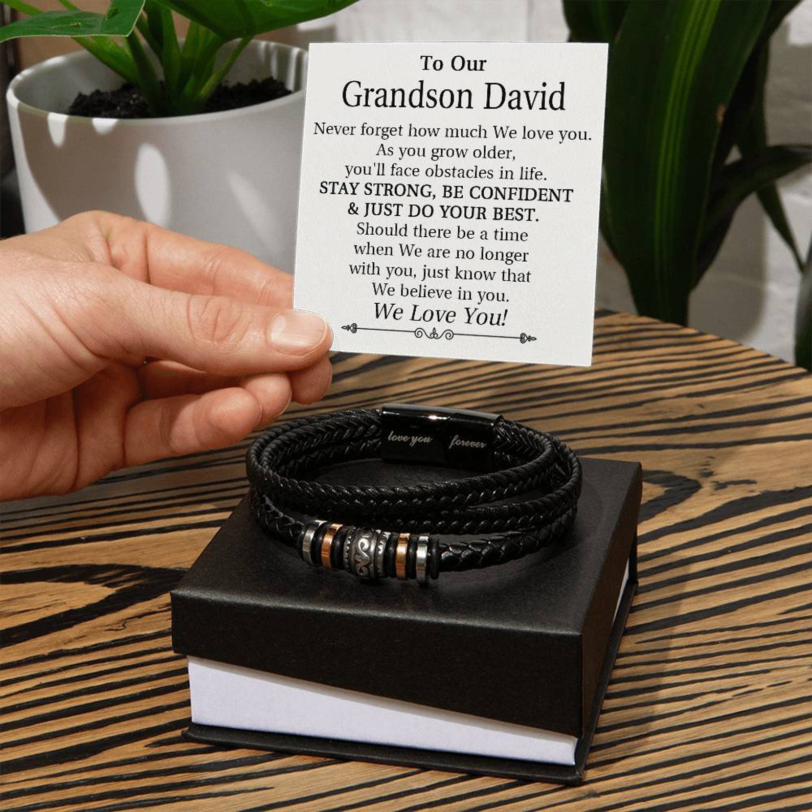 To Our Grandson Bracelet Personalised Text Message Card Braided Leather Bracelet Gift for Son - Never Forget How Much We Love You-Jessemade AU