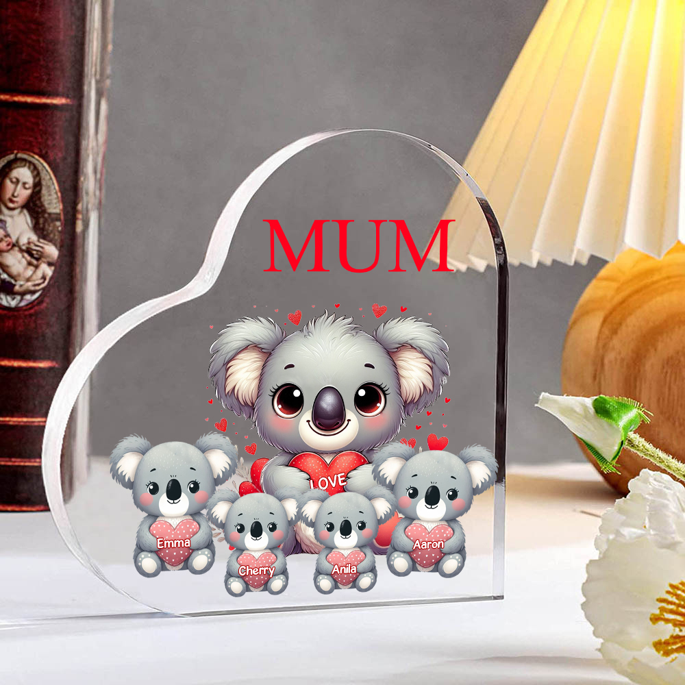 Personalised Acrylic Heart Keepsake Custom 1 Text & 4 Names Ornament Koala Family Gifts for Mother/Grandma-Jessemade AU