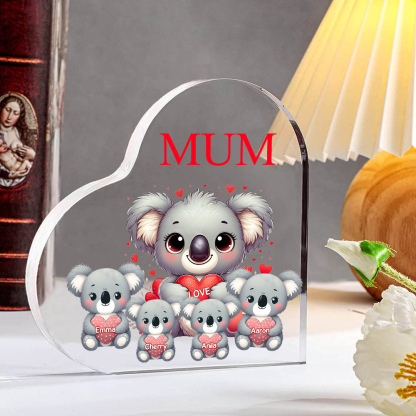 Personalised Acrylic Heart Keepsake Custom 1 Text & 4 Names Ornament Koala Family Gifts for Mother/Grandma-Jessemade AU