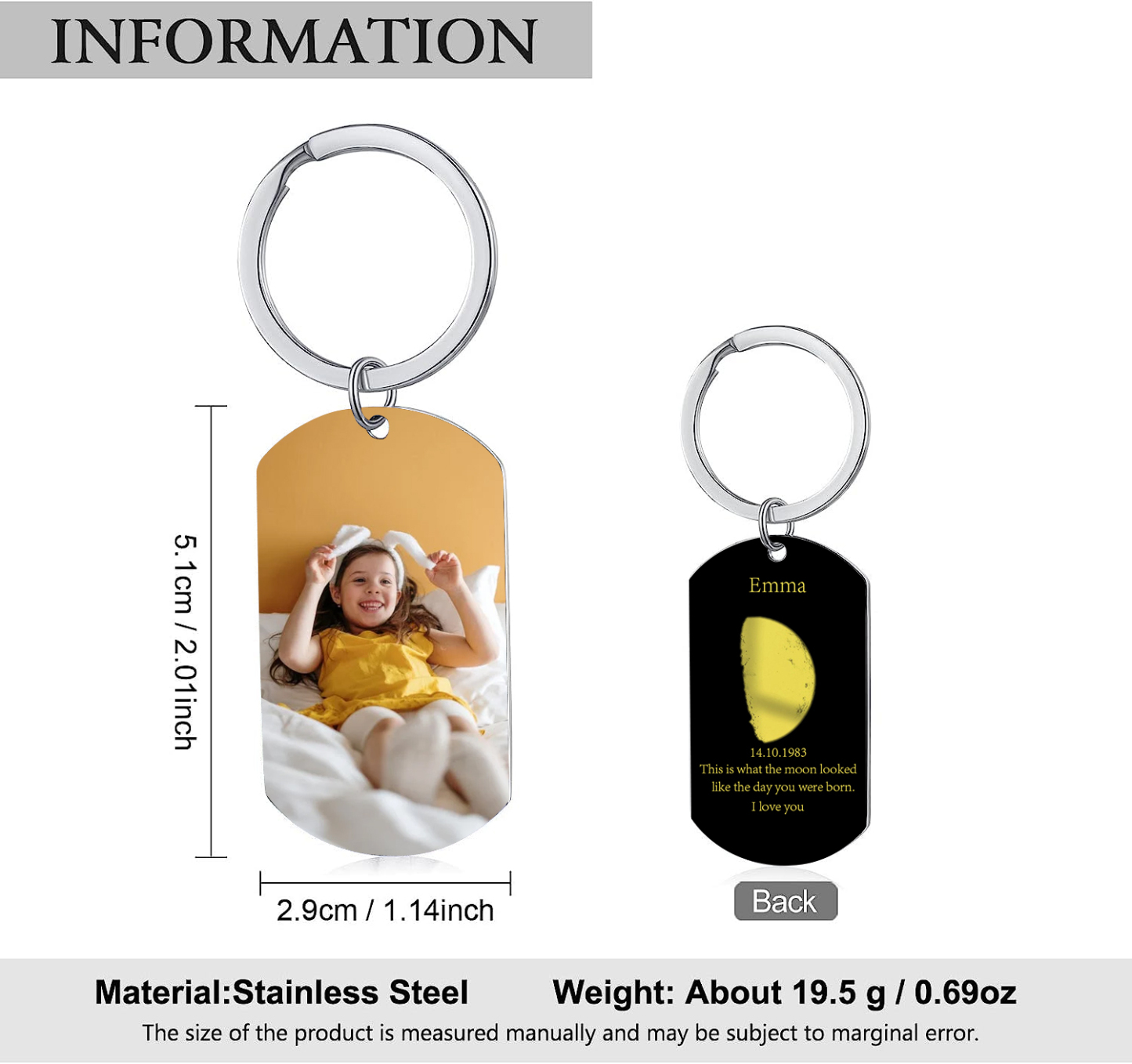 Personalised Photo Keychain Custom Name & Text & Date Keychain Gift for Kids - This Is What The Moon Looked Like The Day You Were Born-Jessemade AU