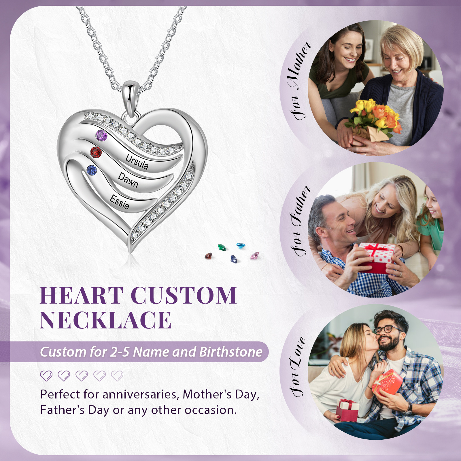 Personalised Intertwined Heart Pendant Necklace Custom 3 Birthstones & 3 Names Necklace Gifts for Her-Jessemade AU