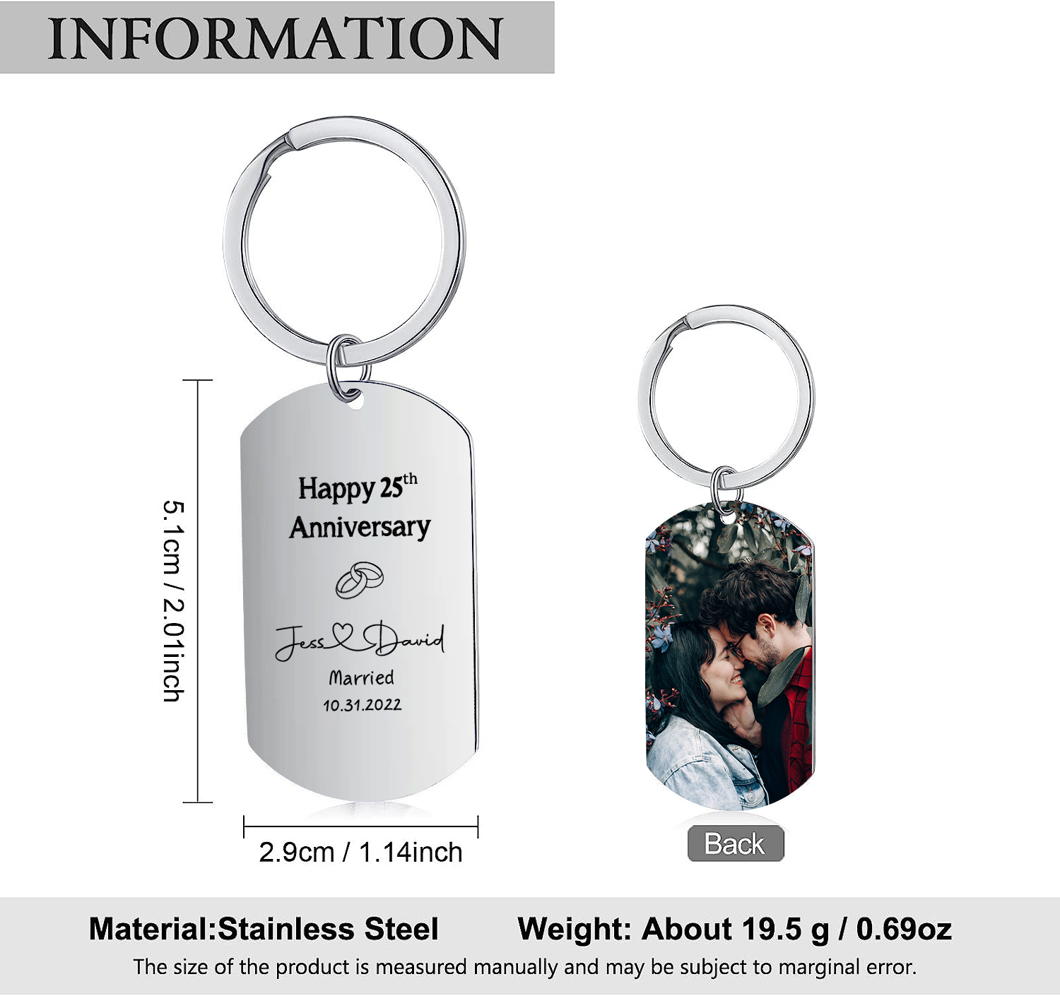 Couple Photo Keychain Customised 2 Names & Text & Date Keychain Stainless Steel Keyring Anniversary Gifts-Jessemade AU