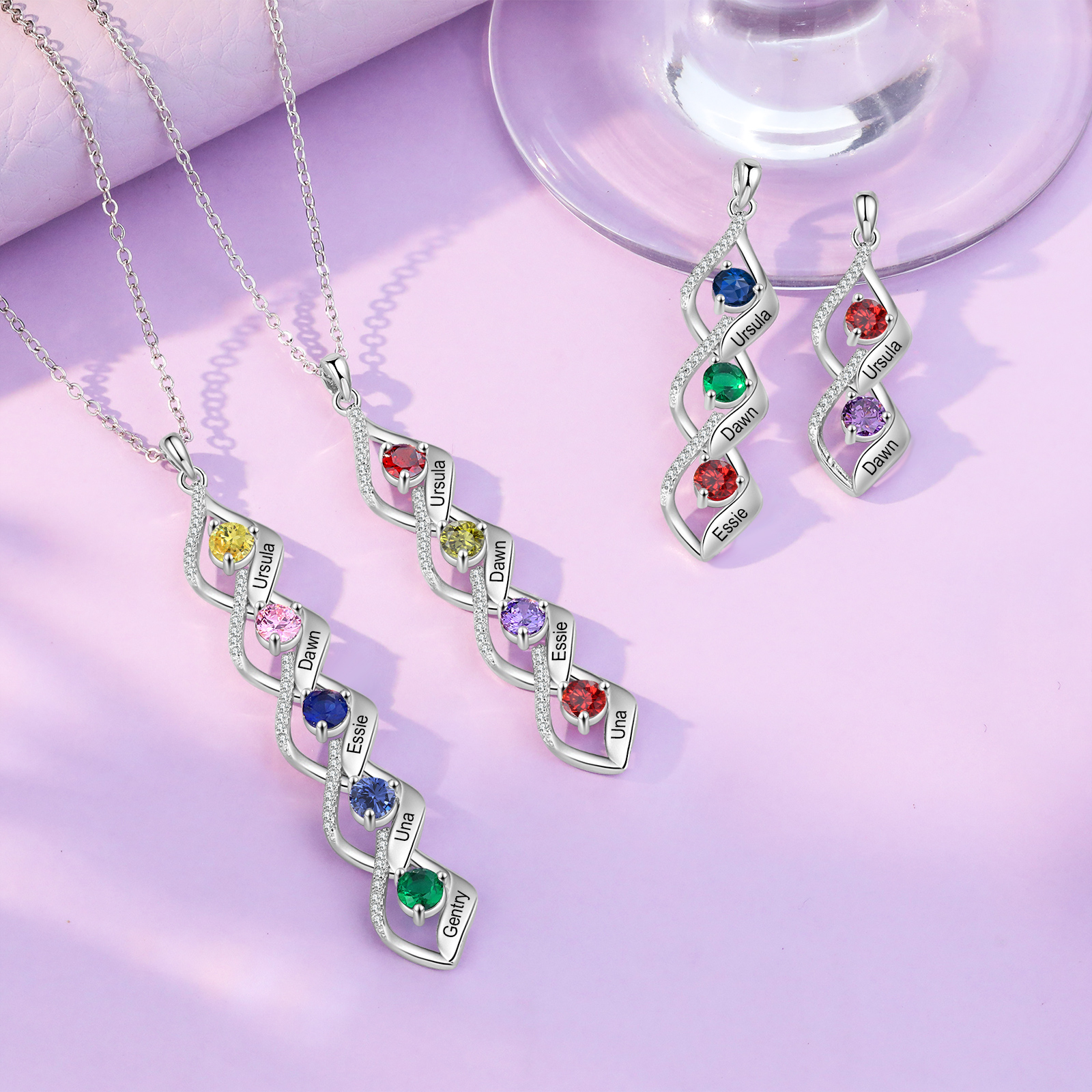 3 Names - Personalised Pendant Necklace Custom Birthstones & Names Necklace Birthday Gift for Her-Jessemade AU
