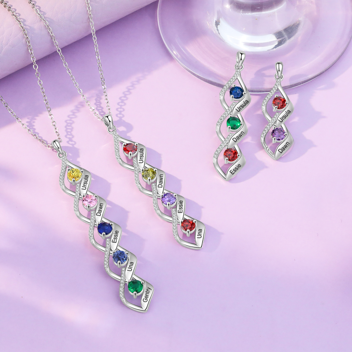 3 Names - Personalised Pendant Necklace Custom Birthstones & Names Necklace Birthday Gift for Her-Jessemade AU
