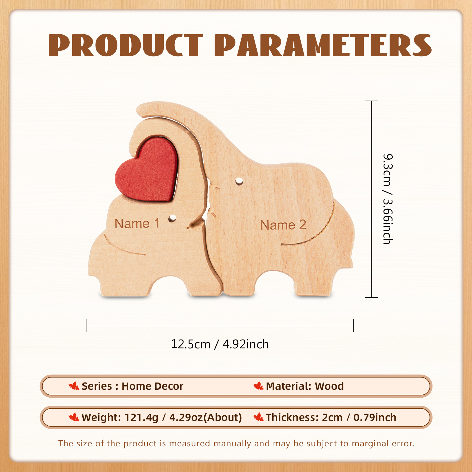 Personalised Wooden Animal Puzzle Custom 2 Names Puzzle Elephant Bear Hedgehog Hug Ornament Gifts for Family Couple-Jessemade AU