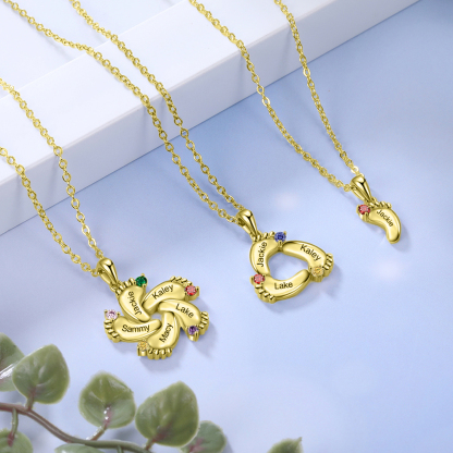 Baby Feet Necklace Custom 6 Birthstones Family Gifts Set for Mum