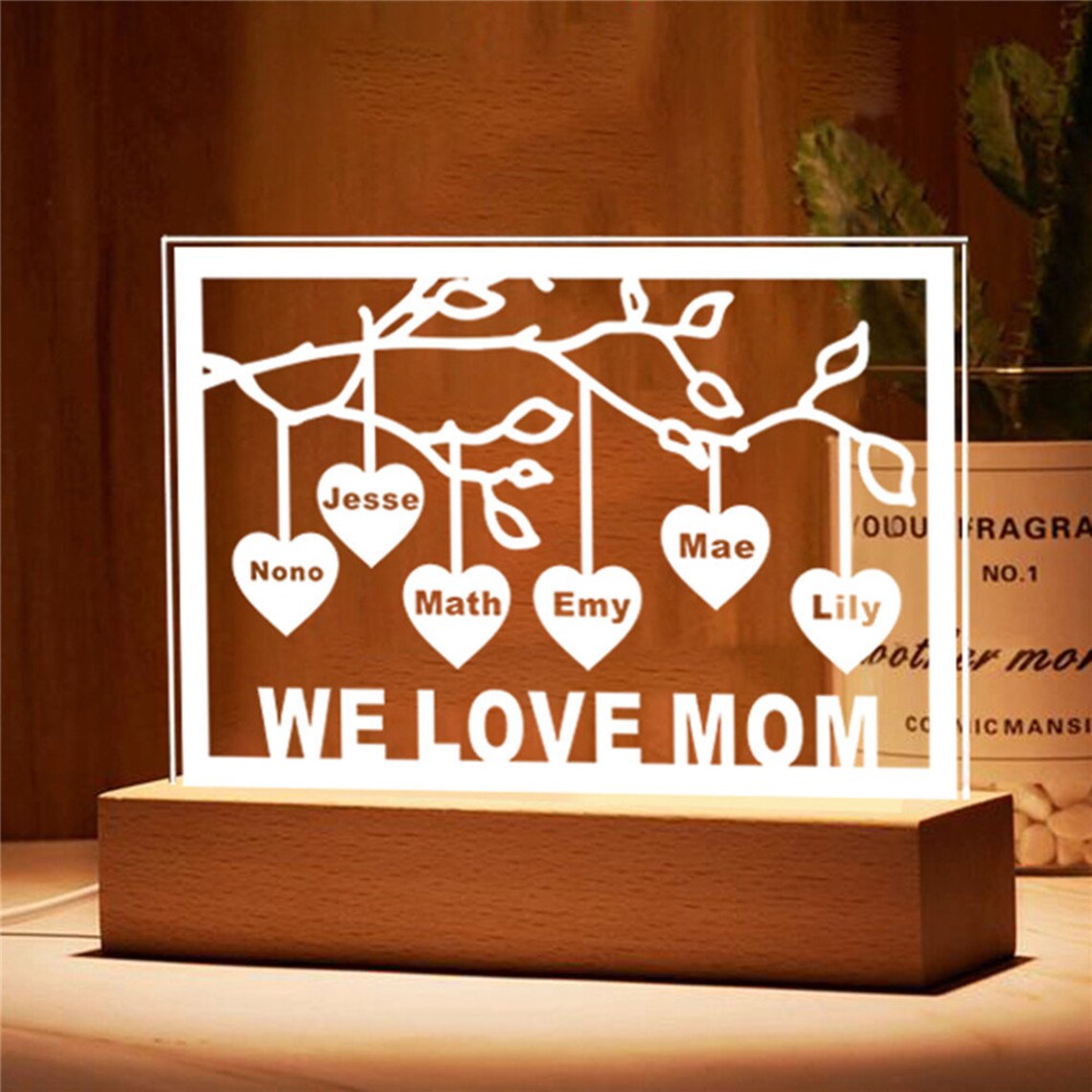 Personalised Family Tree Night Light LED Sign Engraved 6 Names Plaque USB Power Lamp-Jessemade AU