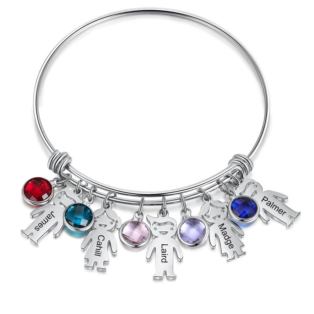 Women Bangle Bracelet with Kids Charms 5 Birthstones Engraved 5 Names Rose Box Set-Jessemade AU