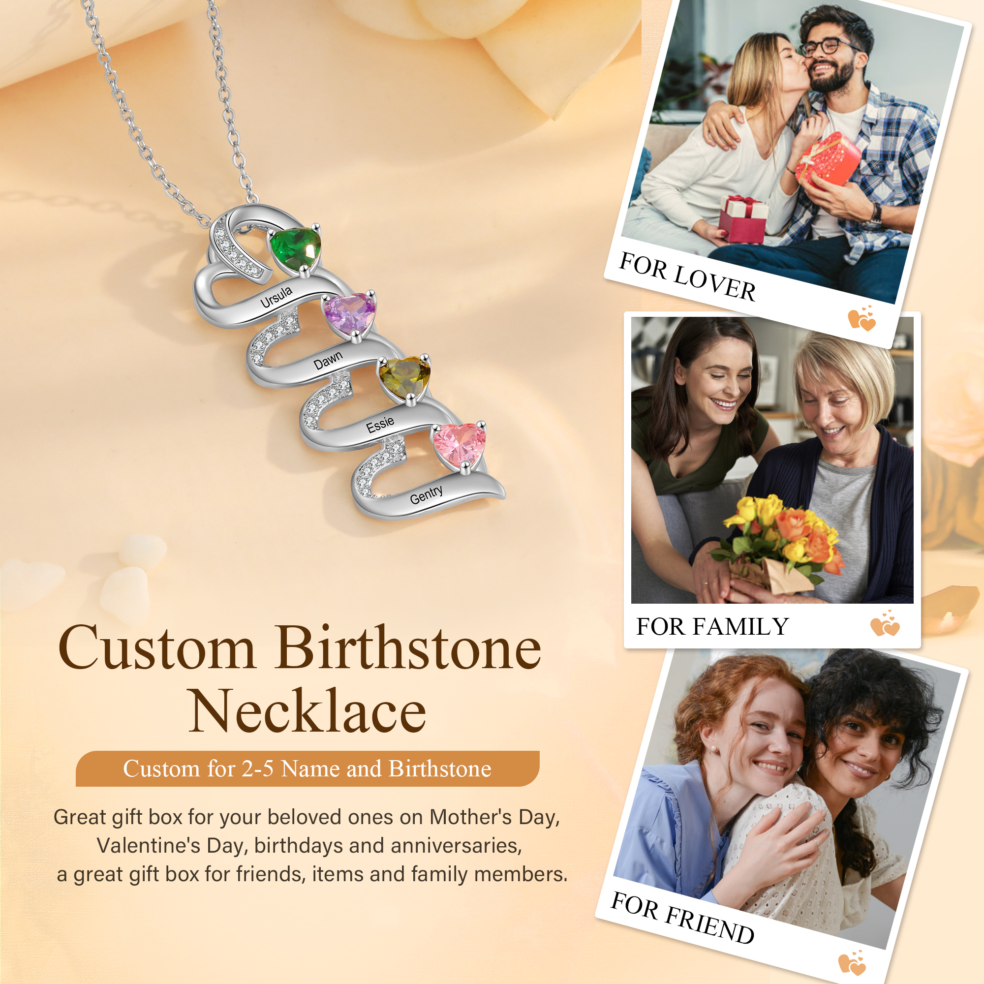 Personalised S925 Silver Heart Necklace Custom 4 Birthstones and Names Gift for Her