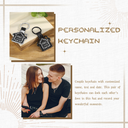 2 PCS Couple Keychain Set Custom 4 Letters & 2 Dates Keyring House-Shaped Metal Keychain Valentine's Day Gift for Him/Her-Jessemade AU
