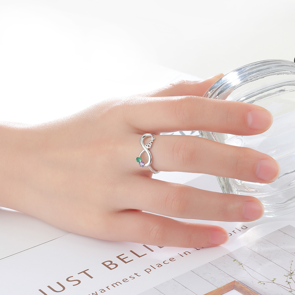 Personalised Infinity Sterling Silver 2 Birthstone Ring Engraved Names Ring Gifts for Her-Jessemade AU