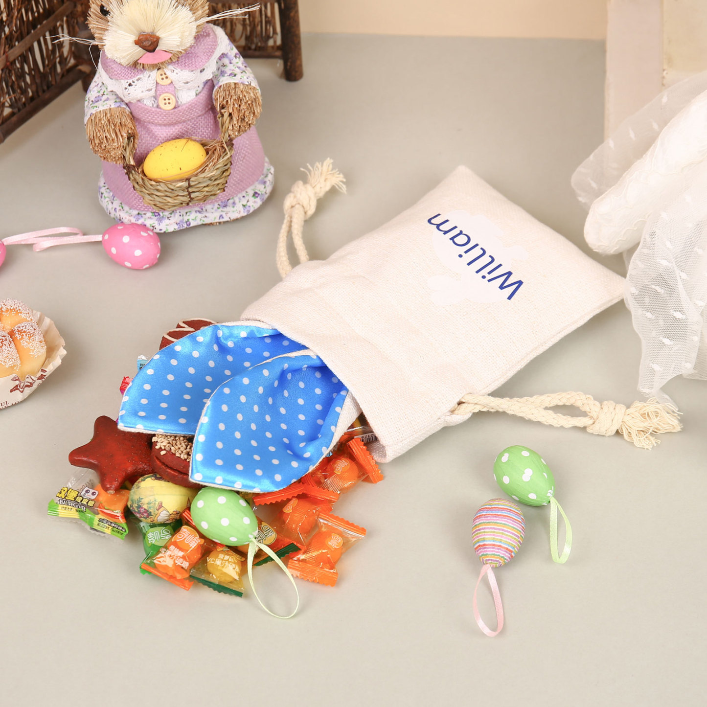 Personalised Bunny Tote Bag Customised with Name Bunny Drawstring Bag Easter Gifts-Jessemade AU