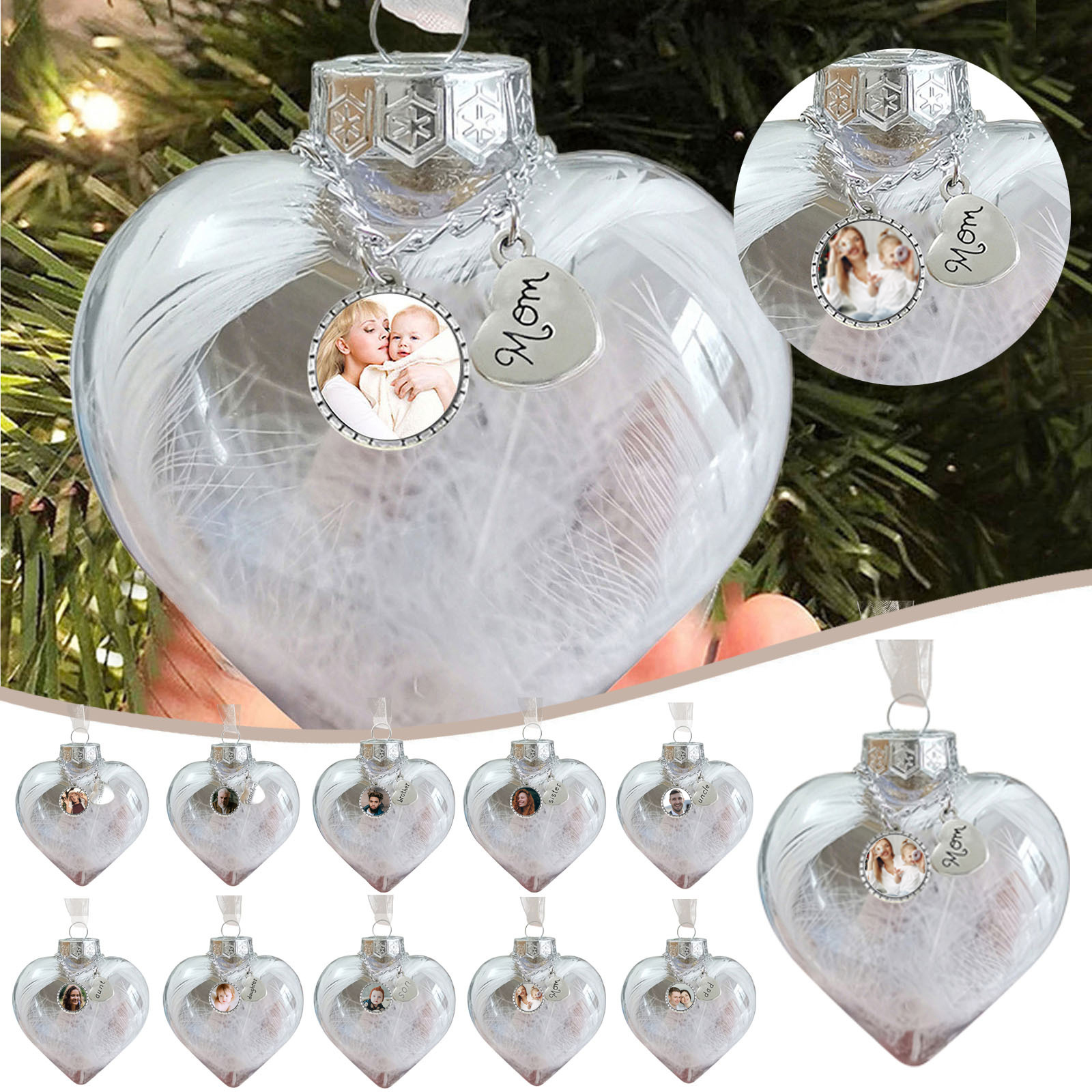 Personalised Christmas Heart Feather Ball Custom Photo Memorial Ornament-Jessemade AU
