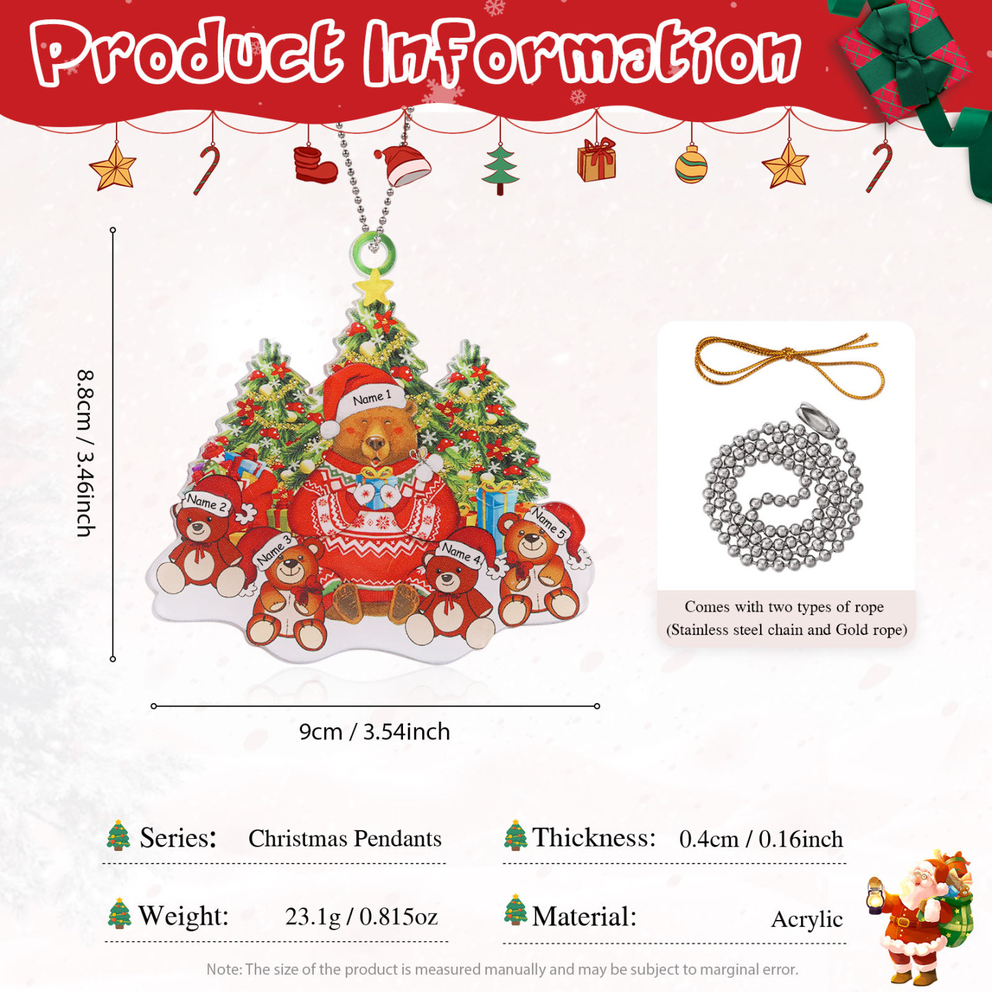 5 Names - Personalised Acrylic Christmas Bear Ornaments Customised Text & Name Xmas Pendant Gifts for Family-Jessemade AU