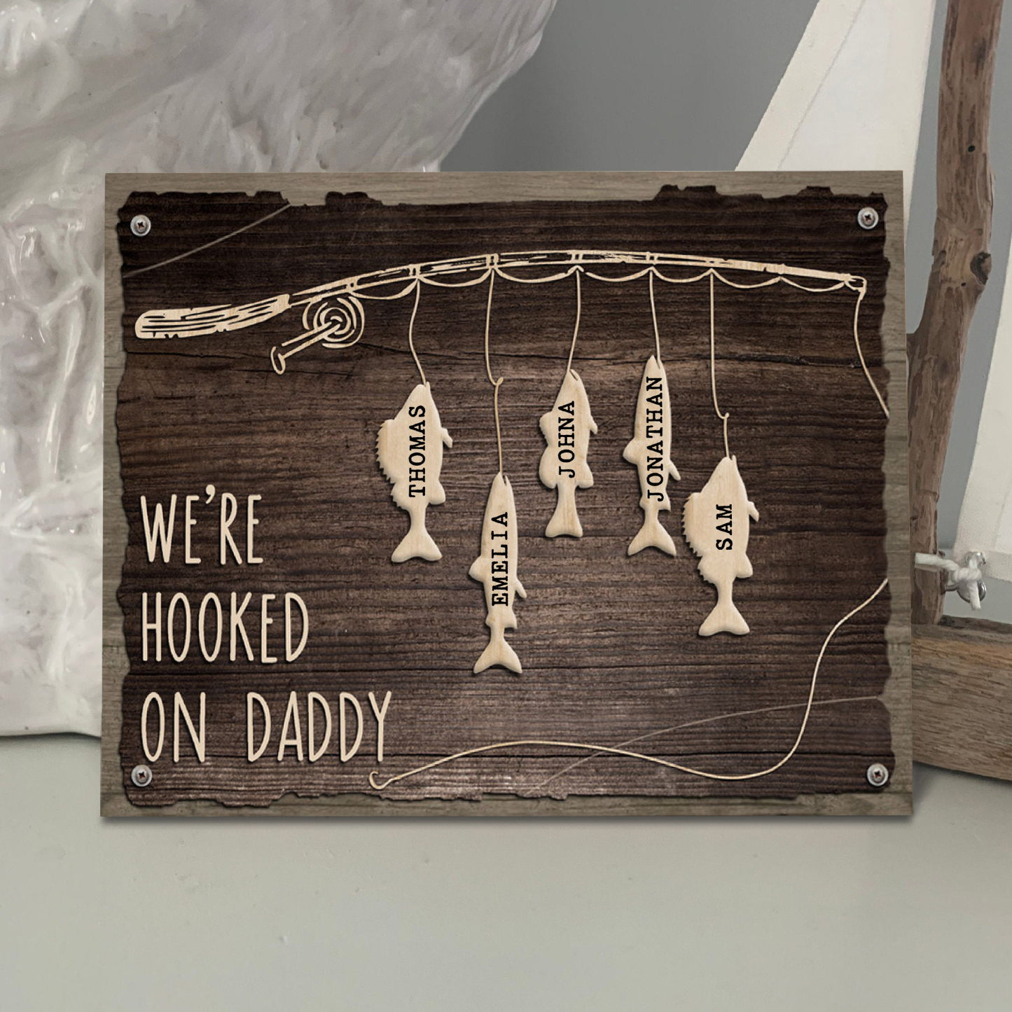 Father's Day Gifts Wood Signs Engrave 5 Names Frame Keepsake -We've Hooked On Daddy-Jessemade AU
