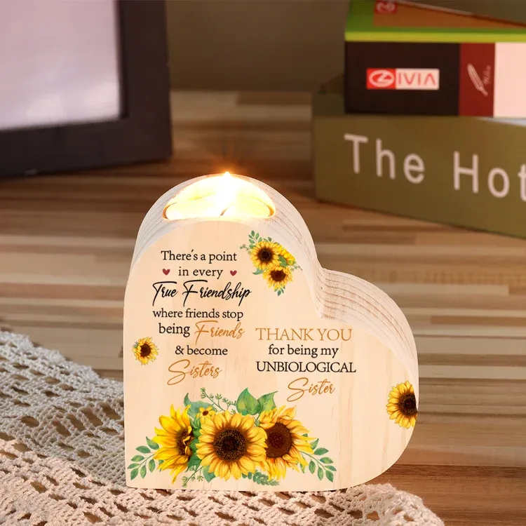 To My Bestie Heart Candle Holder "Thank You for Being My Unbiological Sister" Sunflower Wooden Candlestick Gifts For Friend-Jessemade AU