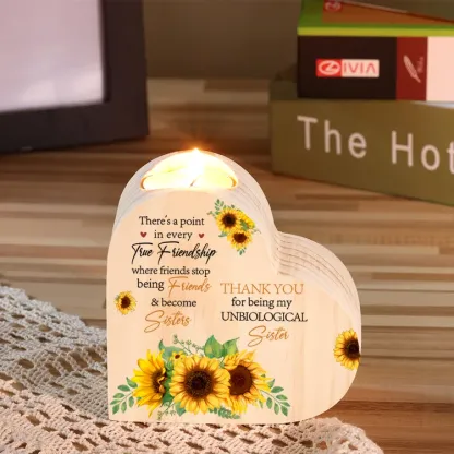 To My Bestie Heart Candle Holder "Thank You for Being My Unbiological Sister" Sunflower Wooden Candlestick Gifts For Friend-Jessemade AU
