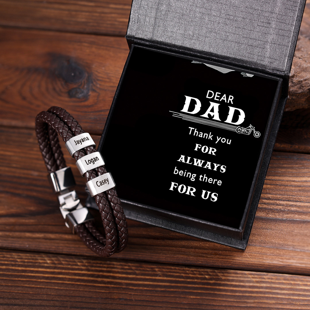 Brown Personalised Double Layered Braided Leather Bracelet Engraved 3 Names Mens Bracelet for Him-Jessemade AU