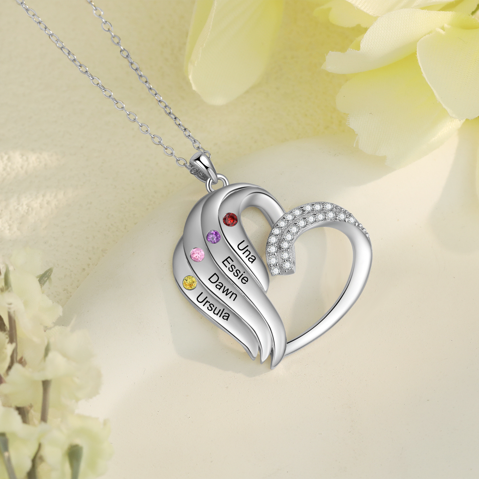 Personalised Heart Pendant Necklace Custom 4 Birthstones Engraved 4 Names Necklace Gift for Her-Jessemade AU