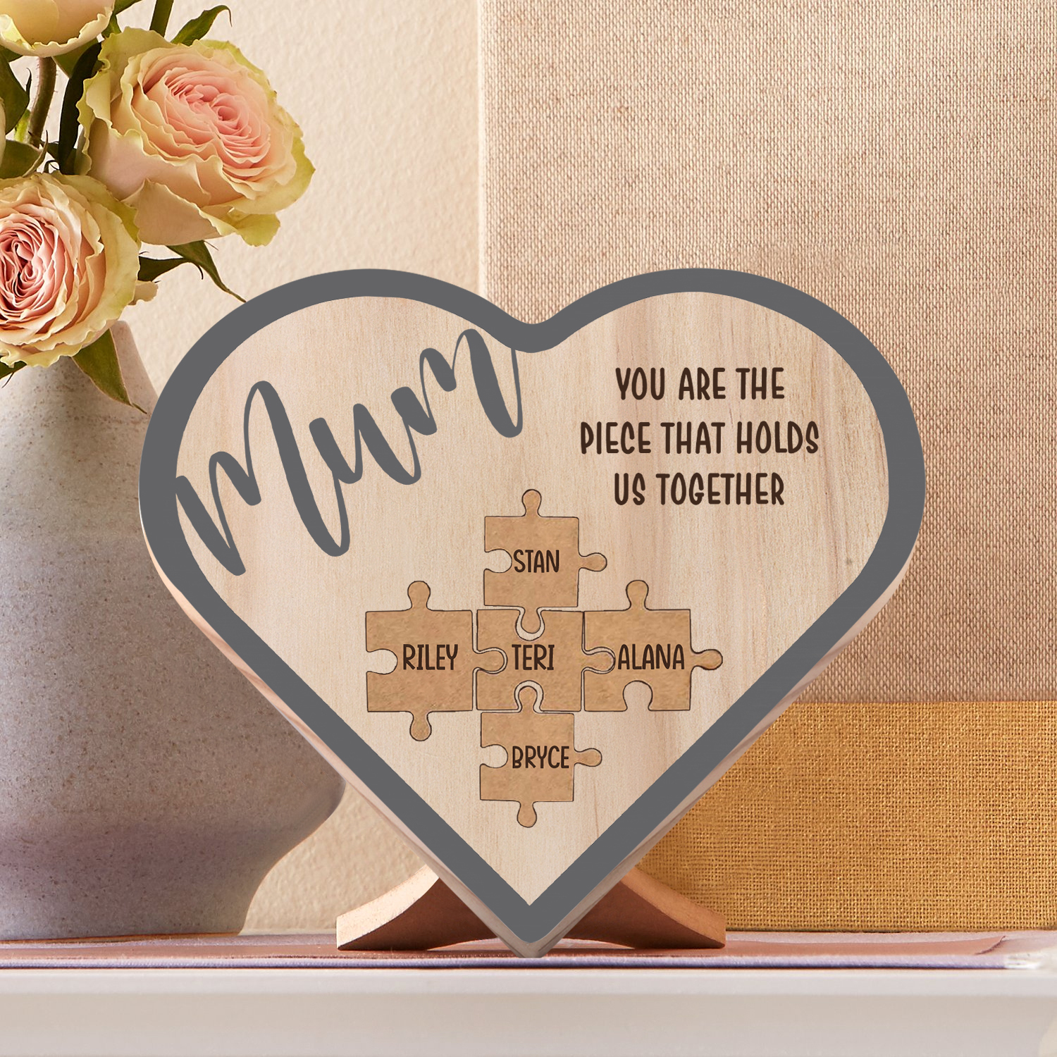 To Mum Personalised Wooden Puzzle Heart Keepsake Desktop Ornament Custom 5 Names Mothers Gifts-Jessemade AU