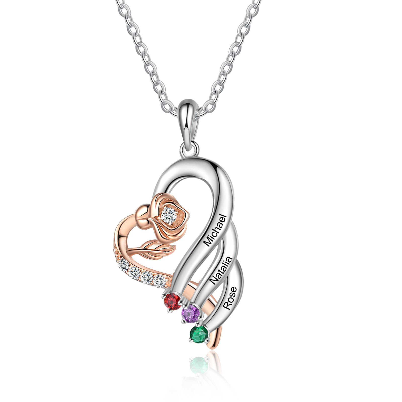 Personalised Flower Necklace With 3 Birthstones Engraved Names Necklace Gift For Women-Jessemade AU