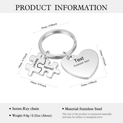 2 Names - Personalised Puzzle Pieces Keychain Custom 1 Text Heart Keychain Gifts For Dad/Mom-Jessemade AU