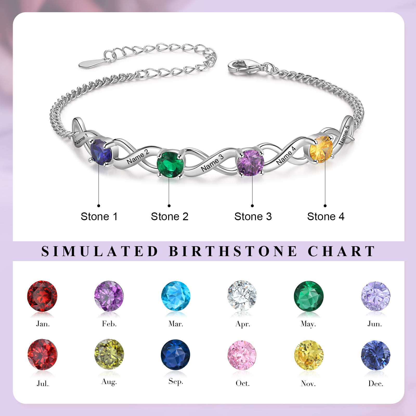 Personalised Infinity Bracelet Custom 4 Birthstones & 5 Names Bracelet Birthday Gift for Her-Jessemade AU
